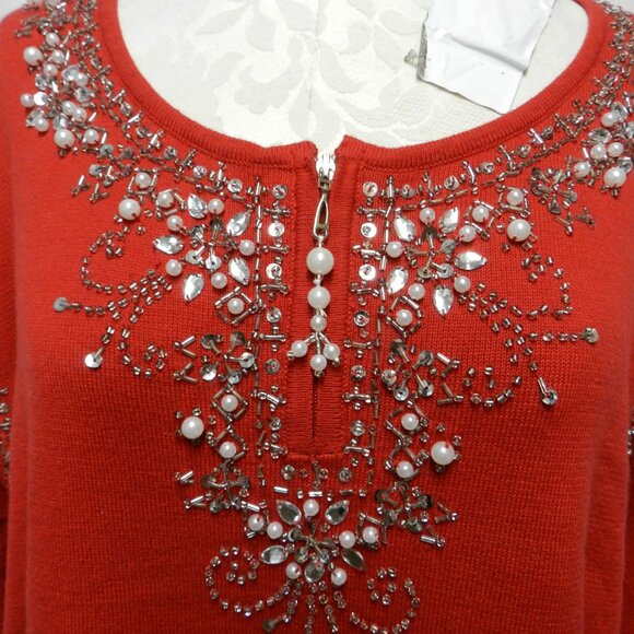 Quacker Factory Sequin Beaded knit red Christmas Sweater Top Size Sz XXXL 3X - Picture 4 of 11